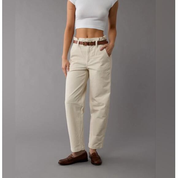 American Eagle Super High-Waisted Corduroy Paperbag Barrel Pants 16 Short Beige - Picture 1 of 11